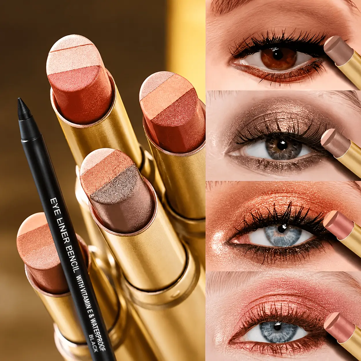 5PCS 3-in-1 Stick Eyeshadow & Black Eyeliner Set, Tri-Color Cream, Long-Lasting, Waterproof, Smudge-Proof, Shimmer/Matte, Smooth, Blendable 1-Swipe Pencil Kit with Compact Brush, Peach Lipliner, Easy Eye Makeup for Beginners (Daily/Party Gift)