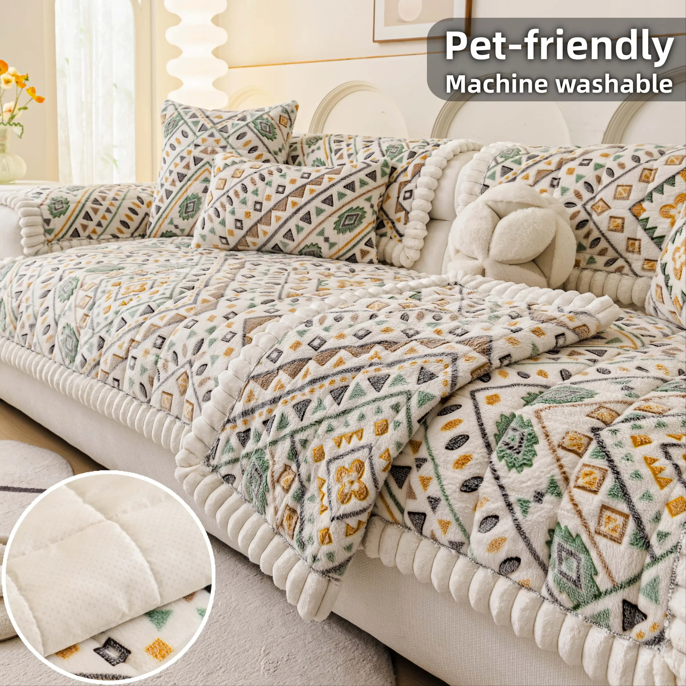 Boho Geometric Plush Sofa Cushion Cover, 1pc Quilted Non-Slip Couch Cover, Sofa Slipcover, Pet-Friendly & Machine Washable Sofa Protector, for Sectional L-Shape, 1-4 Seater, Chaise, Armrest & Backrest, Multi Sizes, Anti-Scratch