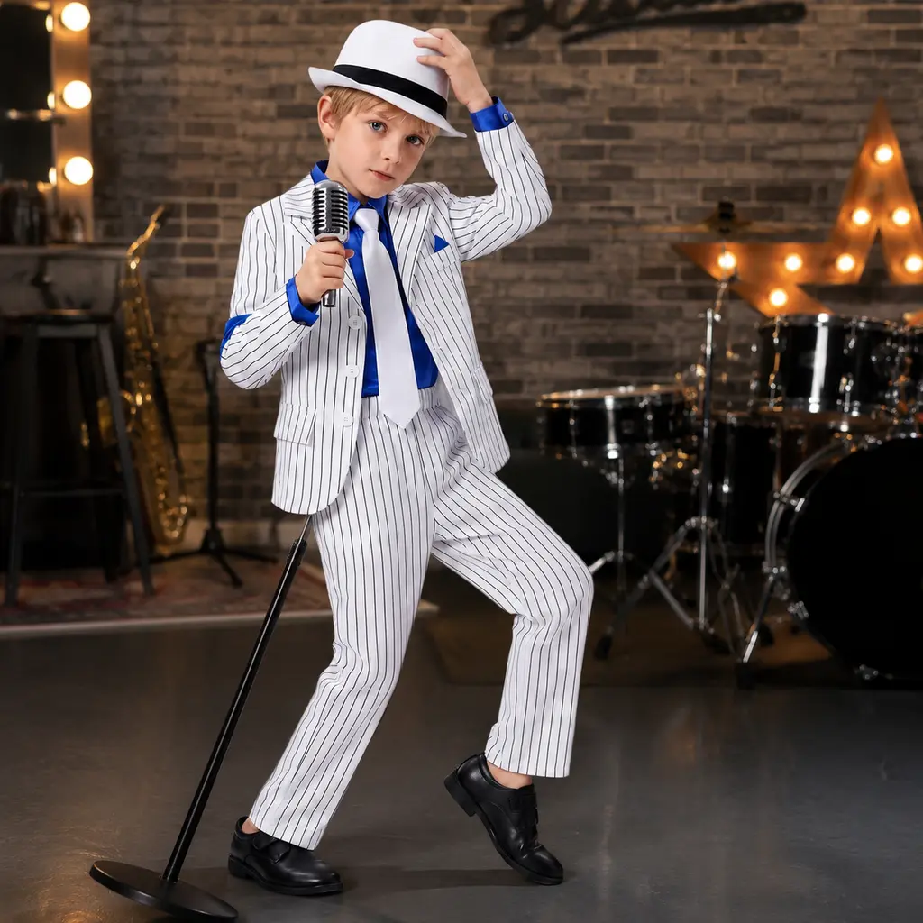 5PCS Kids Michael Striped Cosplay Costume Set, Jackson Boys Pop Star White Pinstripe Suit with Hat, Shirt, Tie and Pants, Child Celebrity Dress Up Outfit for Halloween, Talent Show, Stage Performance