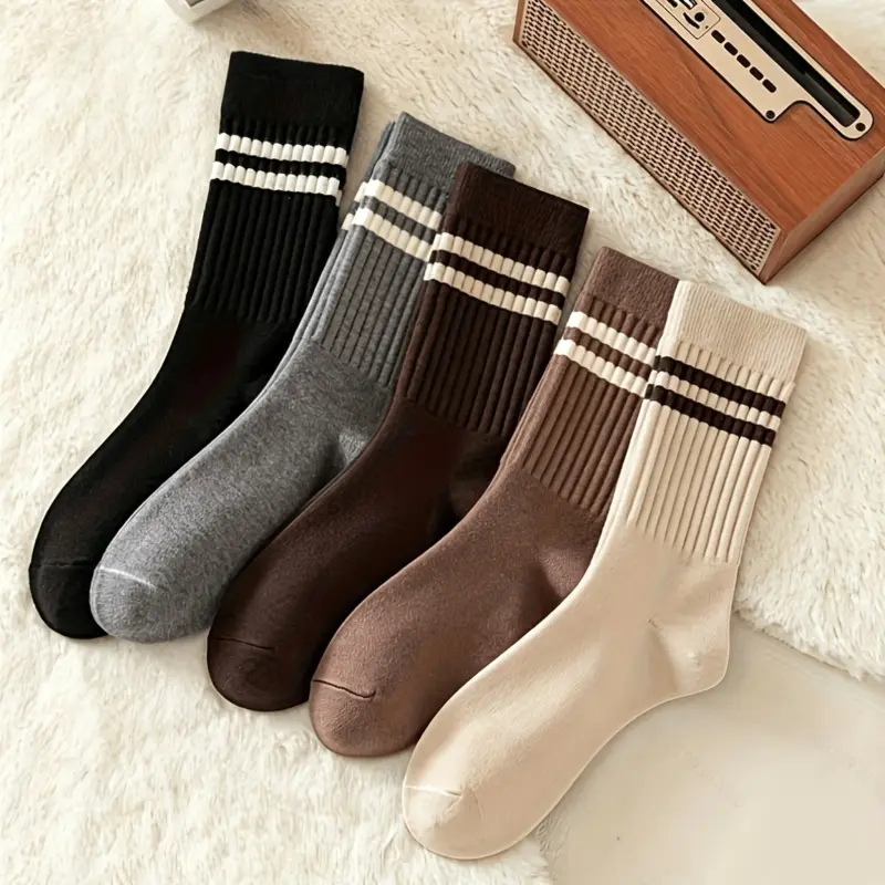 5-Pack Fall/Winter Brown Double-Striped Ankle Socks—Breathable cotton, moisture-wicking, and warm; stylish, casual, and versatile womens socks—a daily essential and the perfect gift