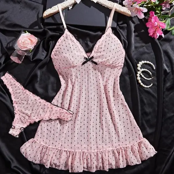 Women Polka Dot Sheer Mesh Sleepwear Set, Ruffle Hem Bow Front Nightgown with Matching Panty, Soft All Season Loungewear Pajamas