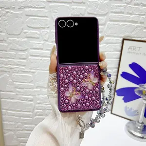 Water Drop Pearl Butterfly Phone Case for Samsung Galaxy Z Flip 7-3, Crystal Bracelet Option, Luxury Protective Anti-Drop Design, Perfect for Women