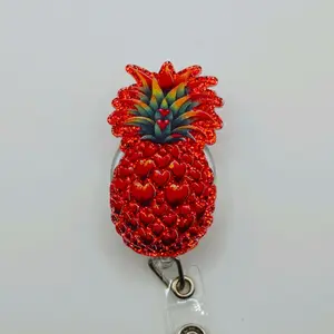 Pineapple with Red Hearts Glitter Acrylic Retractable Badge ID Reel Belt or Alligator Clip
