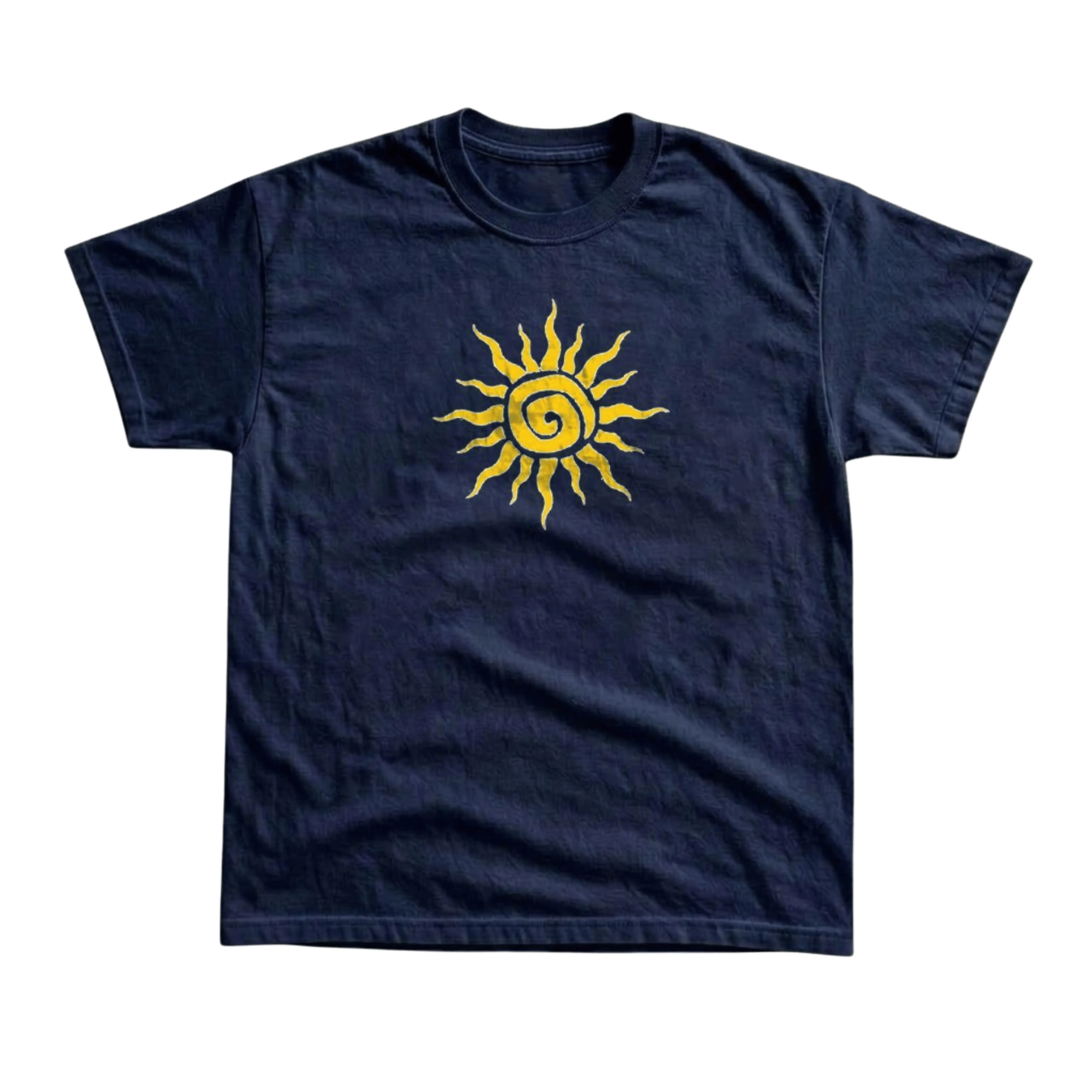 Gildan Men's and Women's T-shirt, Vintage Style Celestial Spiral Sun Graphic Tee, Yellow Sunburst Art, Linocut Woodblock Print, Retro 90s Grunge, Mystical Astrology, Hippie Boho Psychedelic, Whimsigoth Aesthetic, Indie Rock Top, Unisex Casual Shirt.