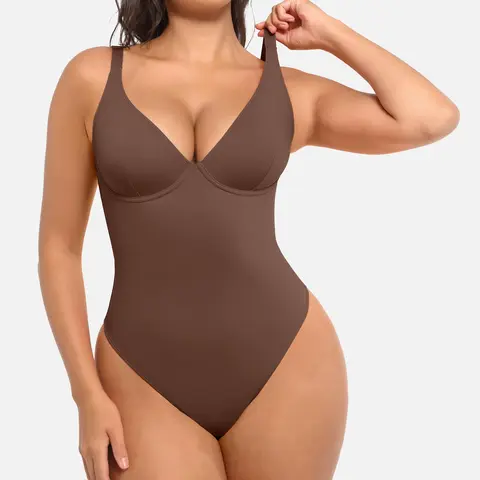 FeelinGirl Women V Neck Bodysuit Thong Tummy Control Shapewear Basic Fabric4 Fashion Womenswear