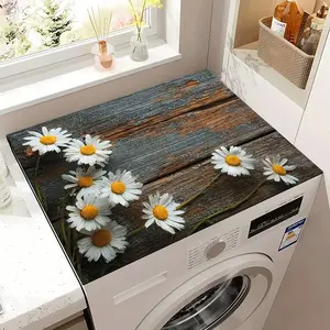 Vintage Wooden Texture Washing Machine Cover, Sun Protection Pad with Daisy Decoration, Protective Washer Hood, 1pc