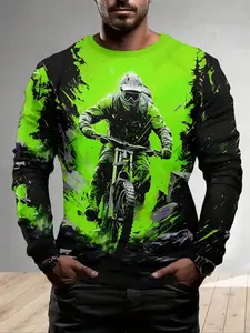 Men's 3D Motocross Motorcycle Rider Print Long Sleeve Fitted T-Shirt, Casual Round Neck Polyester Top, Slight Stretch Knit Fabric, Spring & Fall Wear