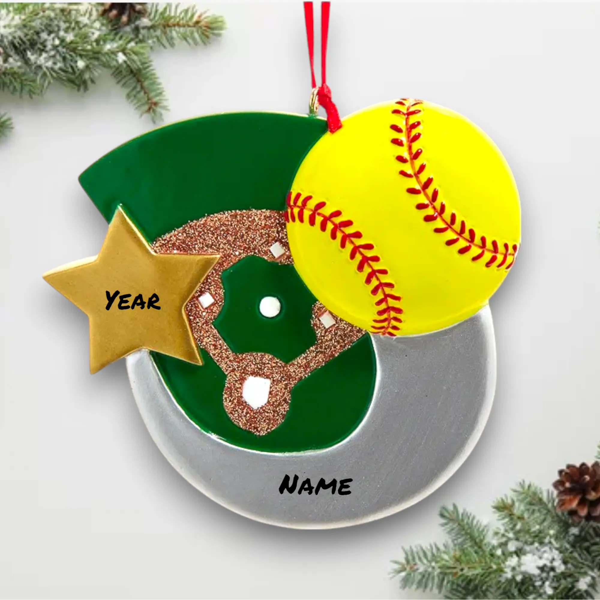 Personalized Softball Christmas Ornament – Custom Name & Year – Yellow Softball with Field Design – 4” Resin Sports Keepsake – Noel Box