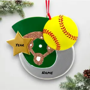 Personalized Softball Christmas Ornament – Custom Name & Year – Yellow Softball with Field Design – 4” Resin Sports Keepsake – Noel Box