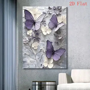 2D Flat, 1 Piece Elegant Butterfly and Floral Canvas Wall Art - Country Style, Purple and White Floral Design, Gray Background, Perfect for Weddings, Bridal Parties or Home Decoration, Butterfly Decoration Hanging Gift Kit Ornaments