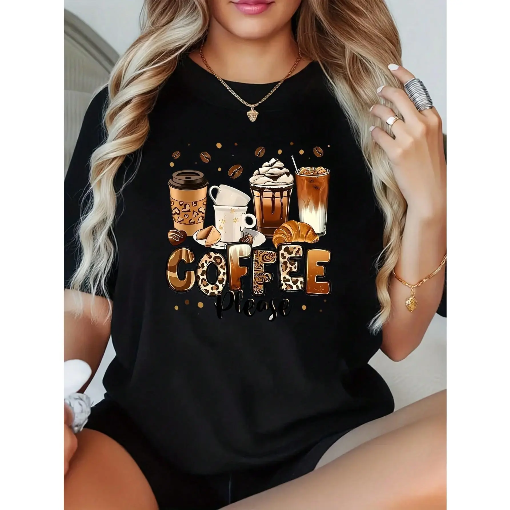 Lady's Shortsleeve T-Shirt with Funny Coffee & Cupcake Graphic, Casual Regular Fit Top in Polyester Fabric, Tshirt
