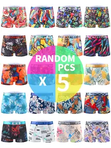 5-Pack Men’s High Elasticity Boxer Briefs, Polyester Blend Quick-Dry Breathable Underwear, Street Style Underwear, Tie-Dye Trendy Graphic Prints, Soft Stretch Athletic Shorts, Multi-Color Mix Super Value Pack