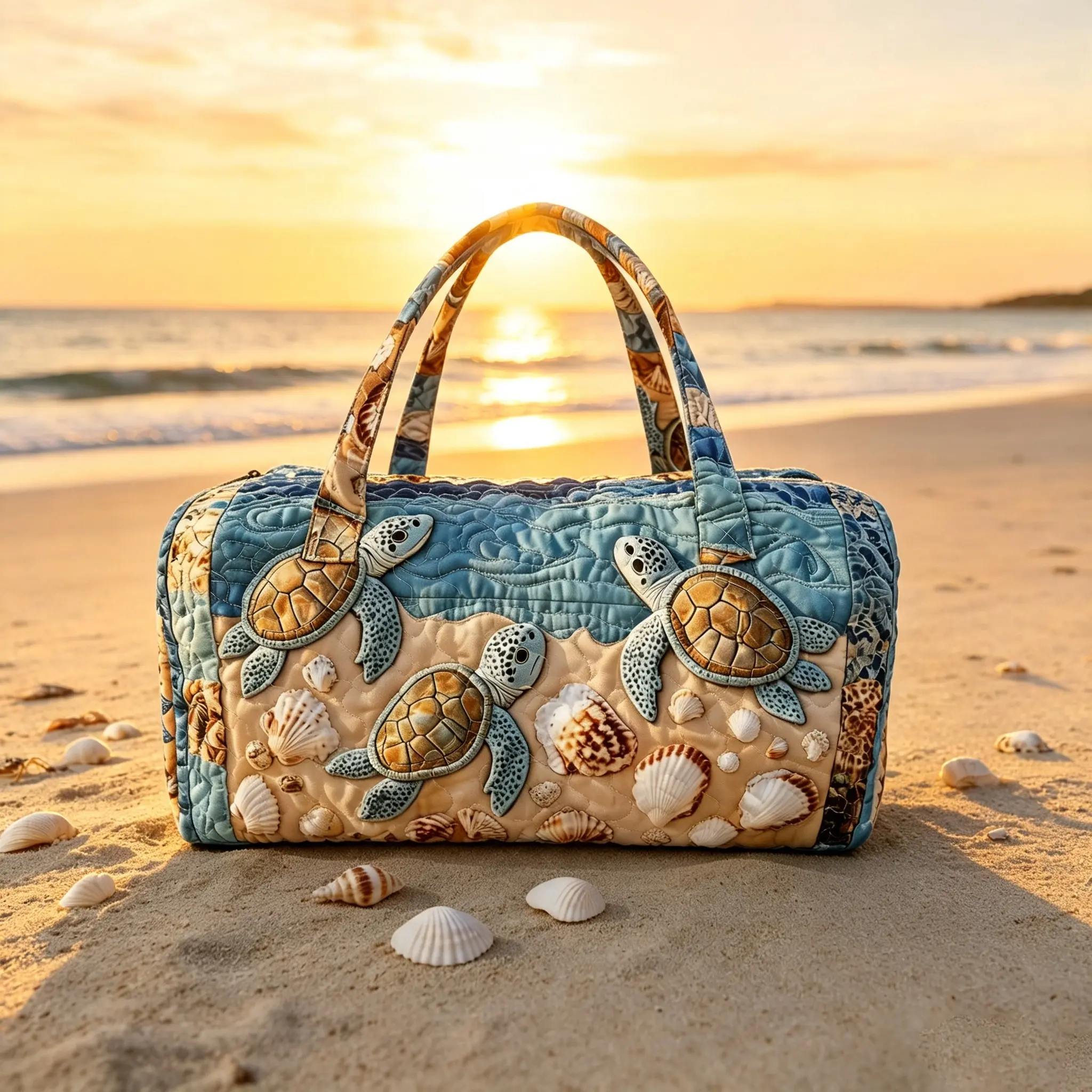 Ocean-Themed Quilted Travel Bag – Turtle & Shell Beach Print, Large Capacity, Perfect for Gym and Summer Vacation Getaways.