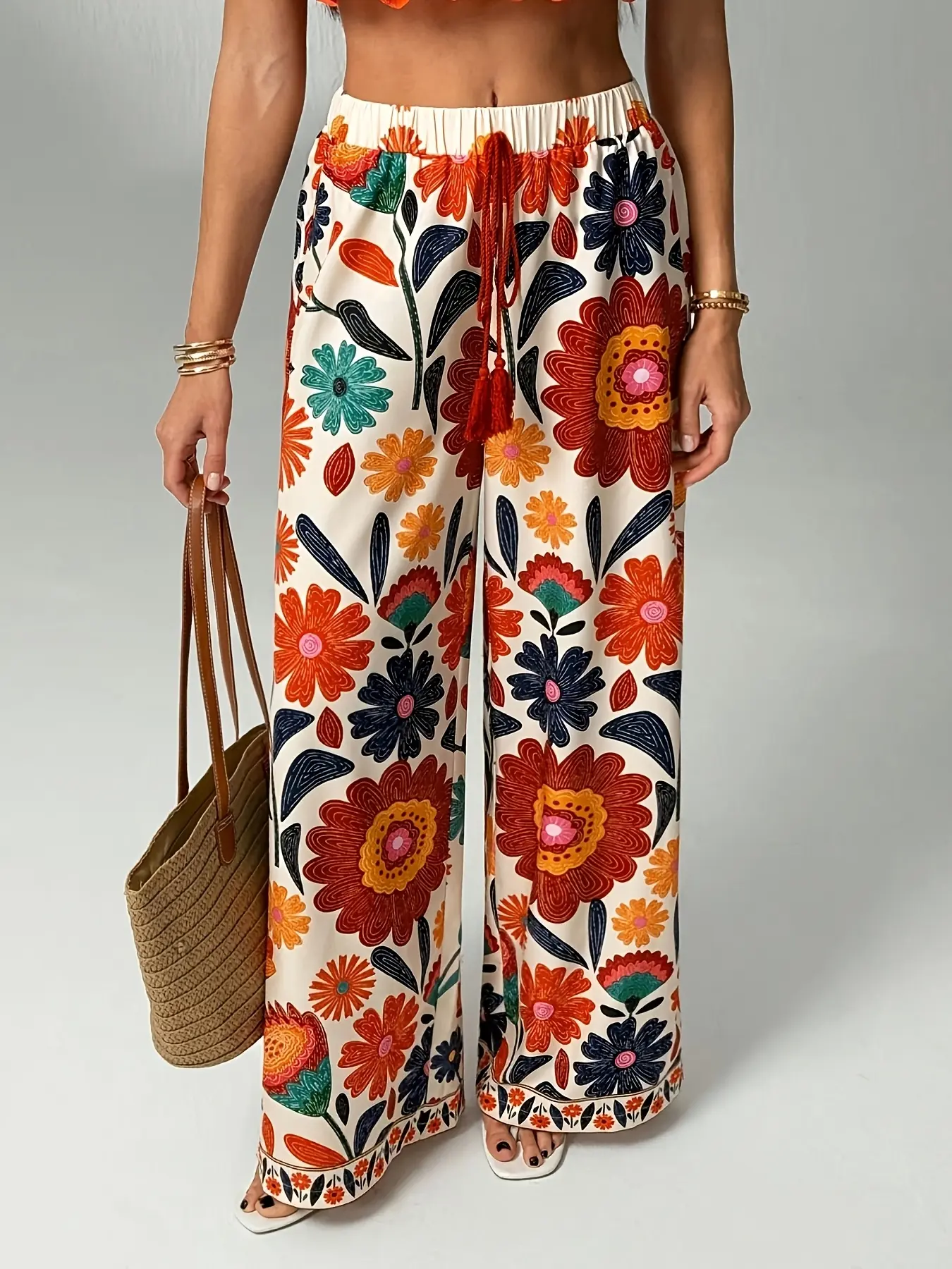 Women's Wide-Leg Casual Floral Print Woven Recycled Polyester Long Pants - Elastic Waist, Casual Wear, for Vacation & Festive Occasions, Women's Bottoms