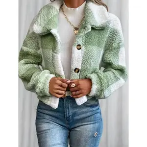 Lady's Chic Fitted Autumn Winter Plaid Fleece Coat - Casual Woven Fabric Jacket, Moderate Thickness, Fall & Winter Sports & Outdoor Fashion Outerwear Compatible with Raincoats