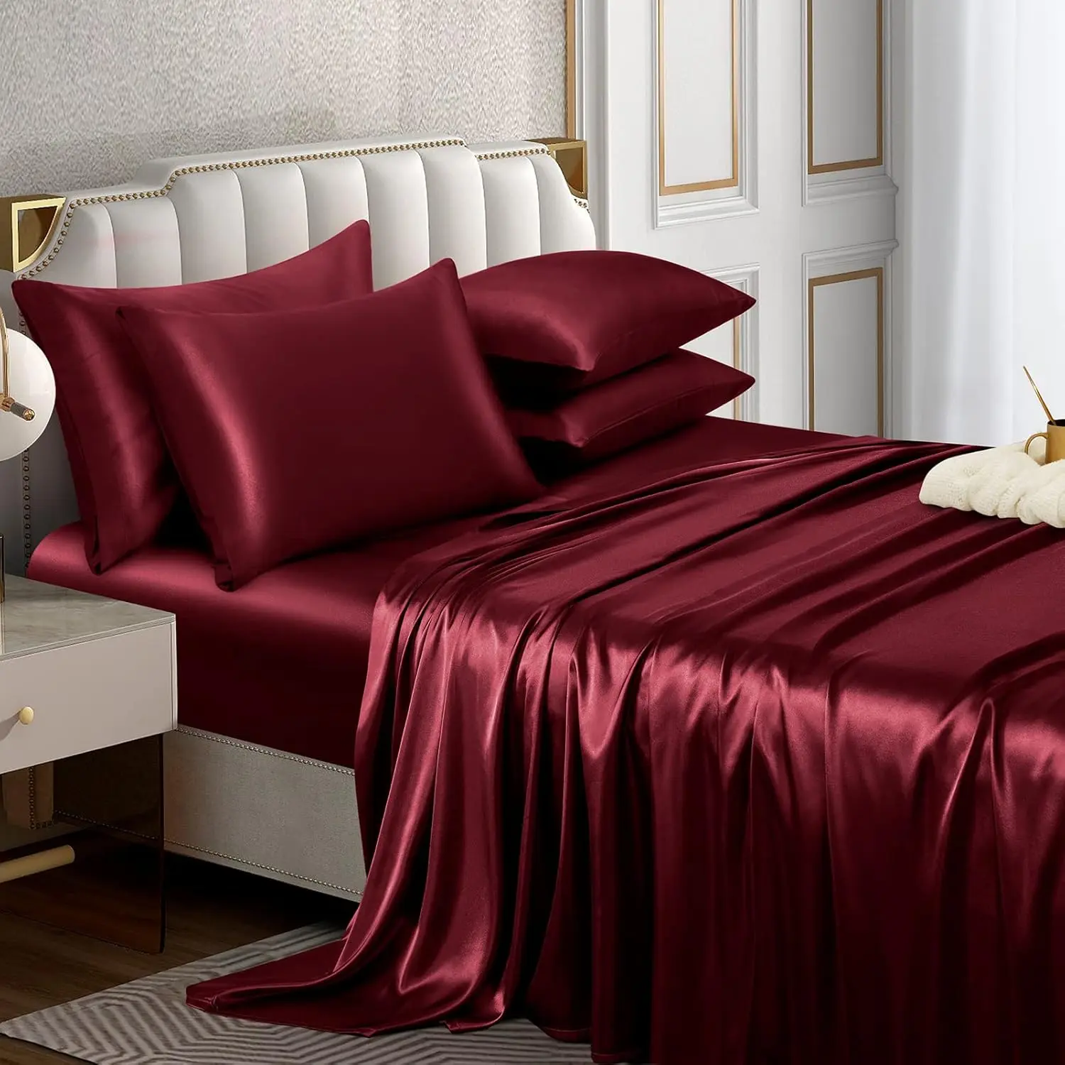 6 count Satin Sheet Set  Size Luxury Silky & Soft Burgundy Satin  Bed Sheet Set with 16" Deep Pocket, 1 Fitted Sheet, 1 Flat Sheet, 4 Pillowcases