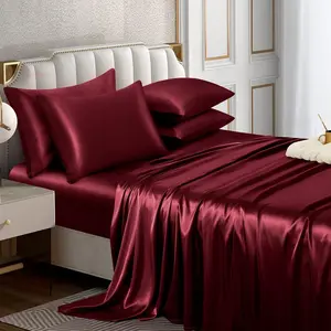 6 count Satin Sheet Set  Size Luxury Silky & Soft Burgundy Satin  Bed Sheet Set with 16" Deep Pocket, 1 Fitted Sheet, 1 Flat Sheet, 4 Pillowcases