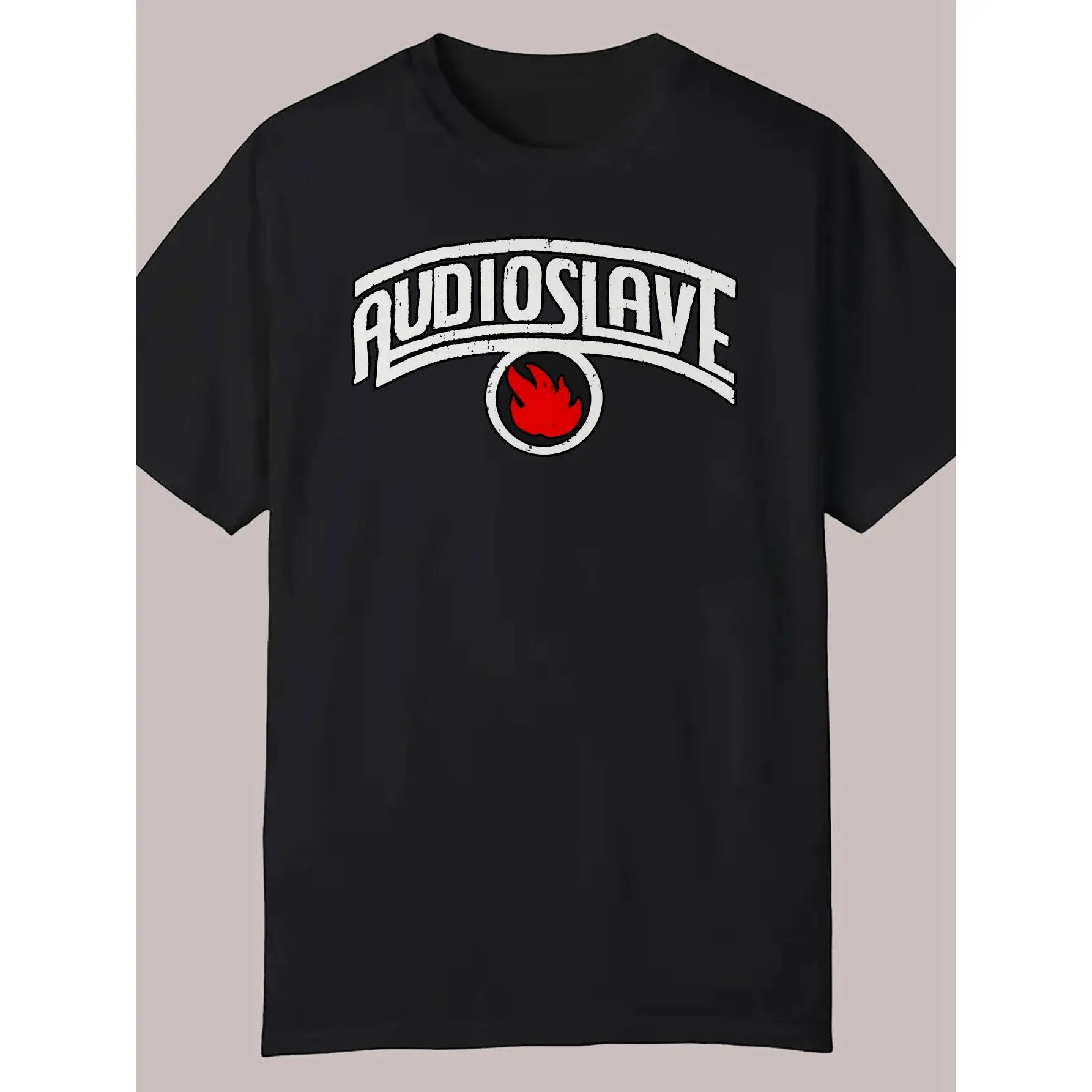 Men's AudioSlave Graphic T-Shirt - Black Casual Short Sleeve Round Neck Summer Tee with Bold White Lettering & Red Flame Design, 100% Polyester, Machi