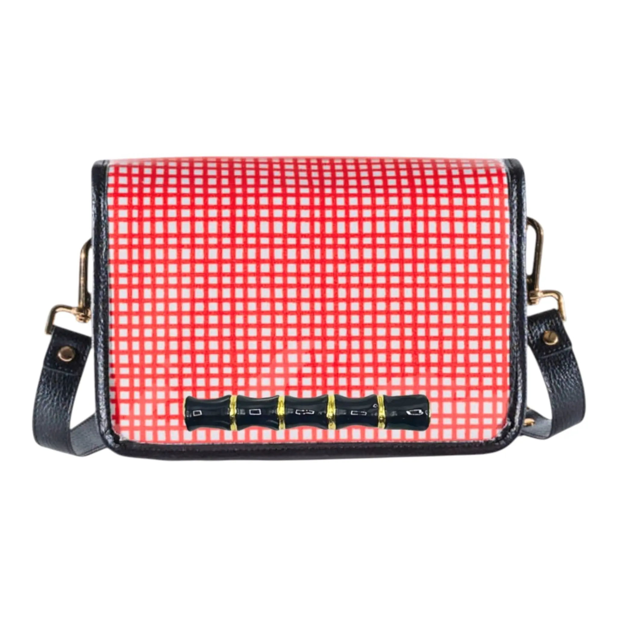 Red and White Grid Clear Stadium Bag with Black Bamboo Stick
