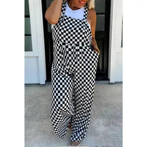 Black Checkered Print Pocketed Wide Leg Overall