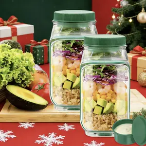 Oillase 2 Pack Side-Opening Salad Jars - Leak-Proof Portable Salad Containers, Plastic Material with Sauce Cups and Lids, Innovative Design, Jars Can Be Served as Bowls, Ideal for Office, Gym, Travel and Picnic, Green Color