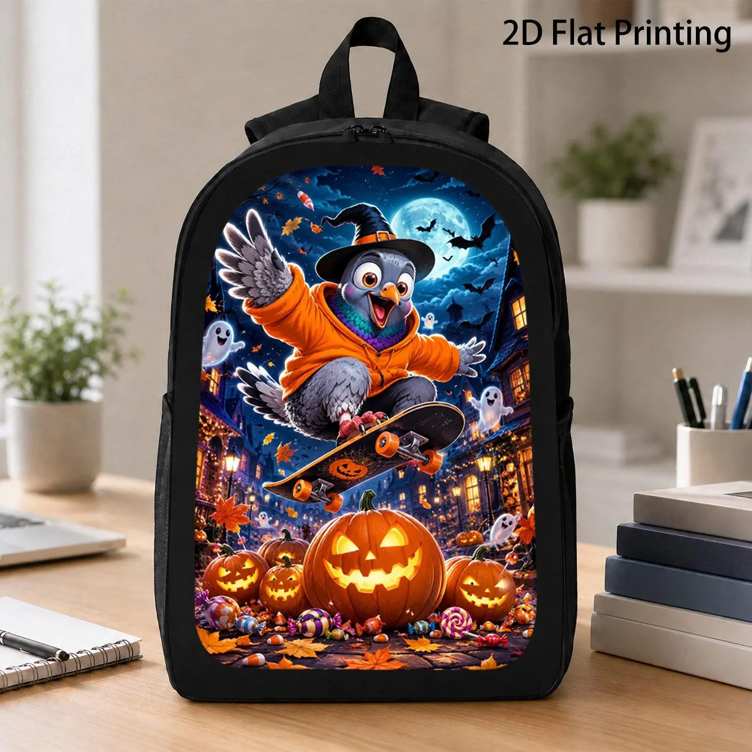 [17 Inch Backpack] 1pc Fun Skateboarding Witch Hat Pigeon Halloween Candy Ghost Pumpkin Print Backpack Trending Holiday Backpack For Kids Teen Outdoor Travel