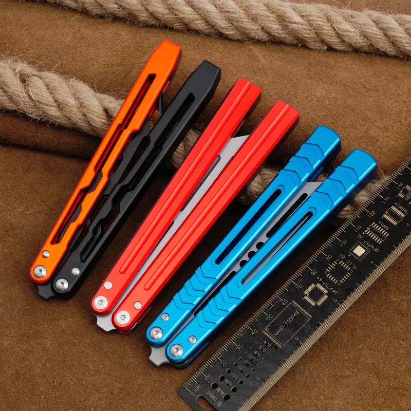 TGZUO High-Quality Aluminum Flipping Butterfly Trainer - Beginner-Focused Practice Tool, Blunt Safety Blade, Non-Slip, Portable, Non-Retractable, Foldable EDC Hand Utility Knife for Adults (Black Orange LG07, Blue LG02, cm-Sized)