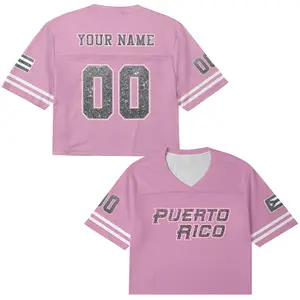 Puerto Rico Football Jersey Crop Top – Personalized Name & Number, Light Pink Silver Glitter Button Up Fan Jersey for Women