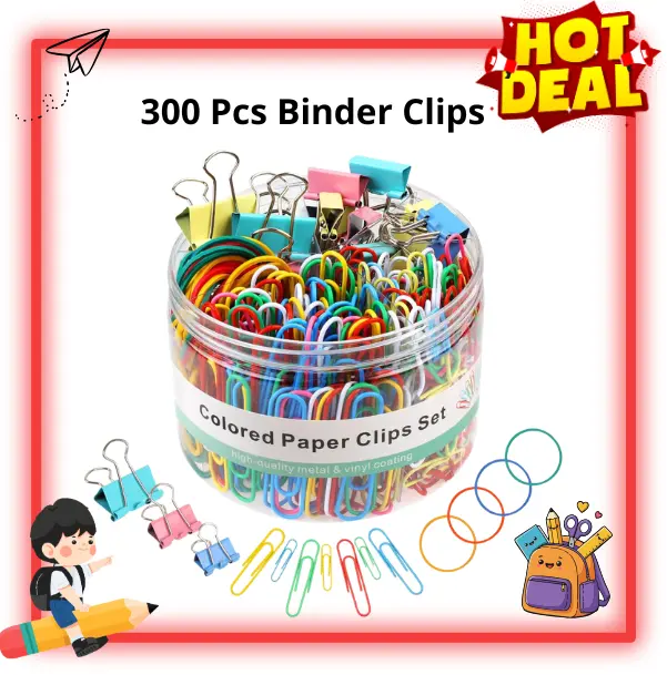 300 Piece Office Supply Set, Binder Clips, Paper Clips & Rubber Bands, Assorted Sizes, Back to School Supplies, Teacher & Desk Organization Essentials
