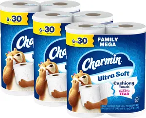 Charmin Ultra Soft Cushiony Touch Toilet Paper, 18 Family Mega Rolls (Equal to 90 Regular Rolls), 2-Ply Bathroom Tissue Wipes for Household & Kitchen Home Care Supplies