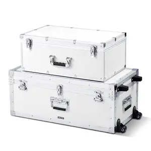 【FathersDayGift】 VEVOR Metal Storage Trunk, Set of 2, Wooden Suitcase Storage Boxes with Padlocks, Large Trunk Includes Casters and 3 Metal Handles, Decorative Store Chest with Lids for Travel, Apartment, Dorm, White
