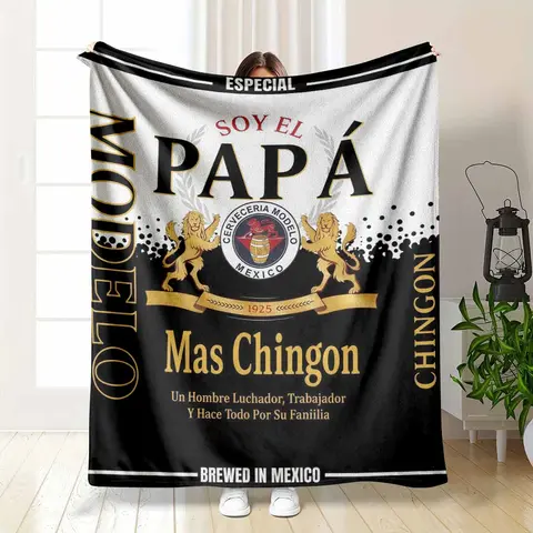 Mexican Theme Flannel Fleece Blanket - Funny "Soy El Papa Mas Chingon" Quote, Beer Label Parody Print, Anti-Pilling Fleece Texture, Soft Throw for Hispanic Husband Father's Day Gift, Home-Camping Use, Flannel Fleece Blankets