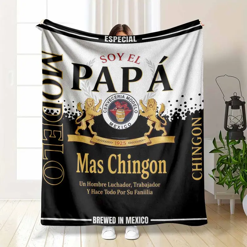 Mexican Theme Flannel Fleece Blanket - Funny "Soy El Papa Mas Chingon" Quote, Beer Label Parody Print, Anti-Pilling Fleece Texture, Soft Throw for Hispanic Husband Father's Day Gift, Home-Camping Use, Flannel Fleece Blankets