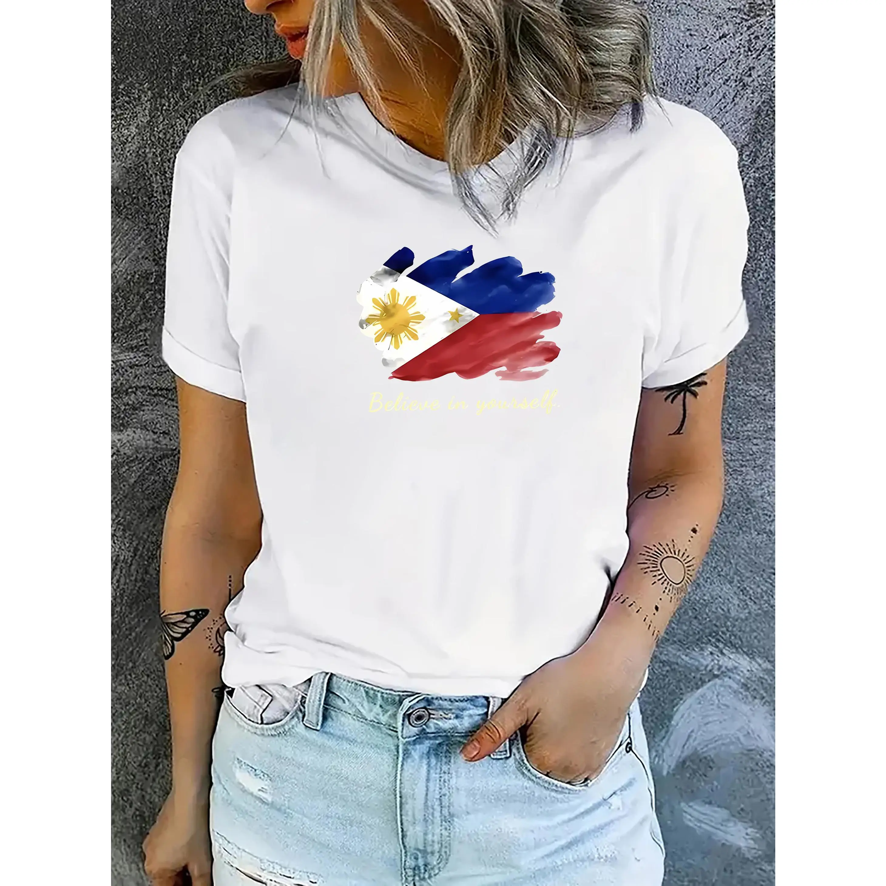 Women's Philippine Flag Print Shortsleeve Tshirt - Lady's Casual Elastane-Polyester Blend, Round Neck, Medium Stretch Athletic Sports Top for Streetwear, Random Print, Machine Wash, Crew Neck, All Over Print
