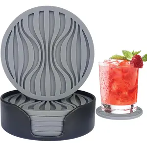 6 Pack Rubber Drink Coasters,Coasters for Drink with Holder, Cup Mat Non-Stick,Non-Slip,Thickened Live for Hot or Cold Drink-Pure Gray