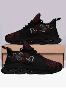 Men's Chinese Snake Year Print Lace Up Low Top Sneakers, Casual Comfortable Breathable Sports Running Shoes, Gothic Street Style Sneakers for Daily Wear, Closed