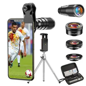 Apexel HD 4-in-1 Phone Lens Kit 22X Telephoto 25X Telescope Macro 120° Wide Angle 205° Fisheye with Tripod for iPhone Huawei Samsung Android Phones 4K HD Adjustable Focal Length Clip Lens