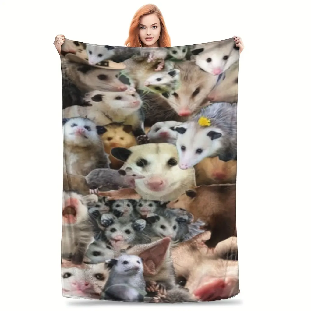 Creative Cute Opossum Collage Pattern Flannel Blanket, Soft and Cozy Home Essential with Lively and Fun Design  Skin-friendly, soft, lightweight, and breathable.
