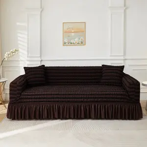 1 Piece Bubble Gauze Elastic Solid Color Sofa Cover - Skirt Design Durable Stretchable Furniture Protector, Easy Fit for Living Room Decor
