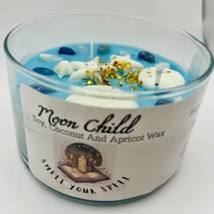 Moon Child Candle, 14 oz glass container, 35 - 40 hr burn time, Crystals, Anxiety Relief, Home Decor, Spa Candle, Relaxation Candle, Mood Candle
