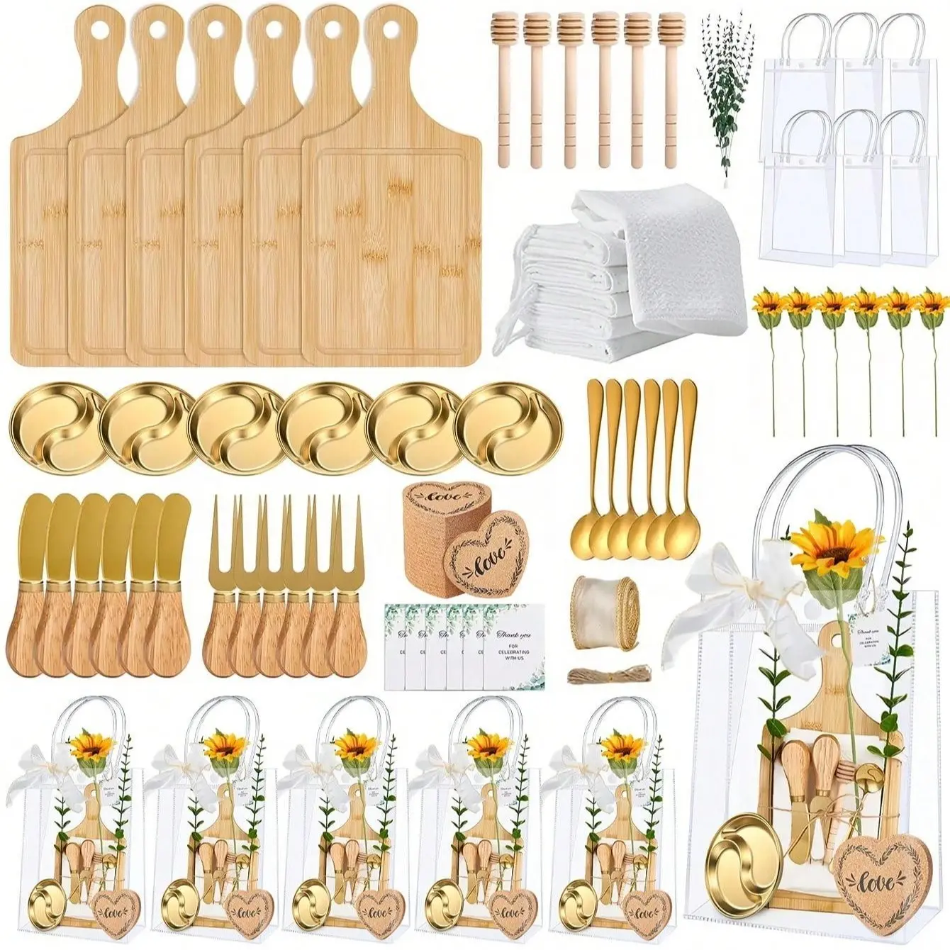 6-Set 80PCS Charcuterie Kit Cheese Board Cutlery Set with Honey Dipper, Towel Cards & Gift Bags - Ready-to-Gift Bundles Thoughtful Game Prizes, Wedding Accessories Supplies