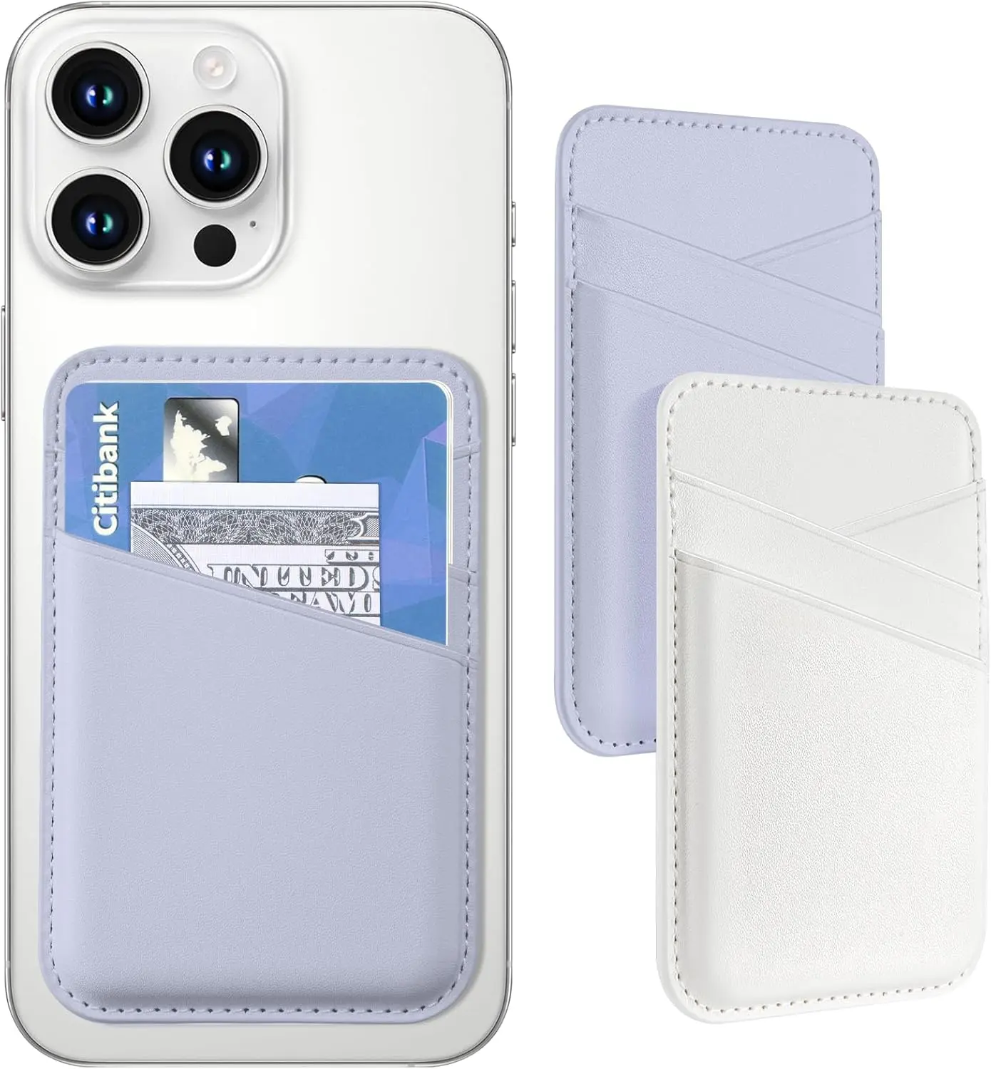 Cell Phone Wallet, Leather Credit Card Holder for Phone Case Sticky Wallet 3 Pockets  of phone, Phone Card Holder Stick On Compatible for , Android, -White Purple