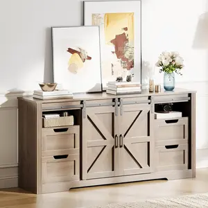66in Farmhouse TV Stand with 4 Drawers for Up to 70 Inch TVs Entertainment Center with Sliding Barn Door Adjustable Shelf 32in Tall TV Media Console Table for Living Room-Walnut