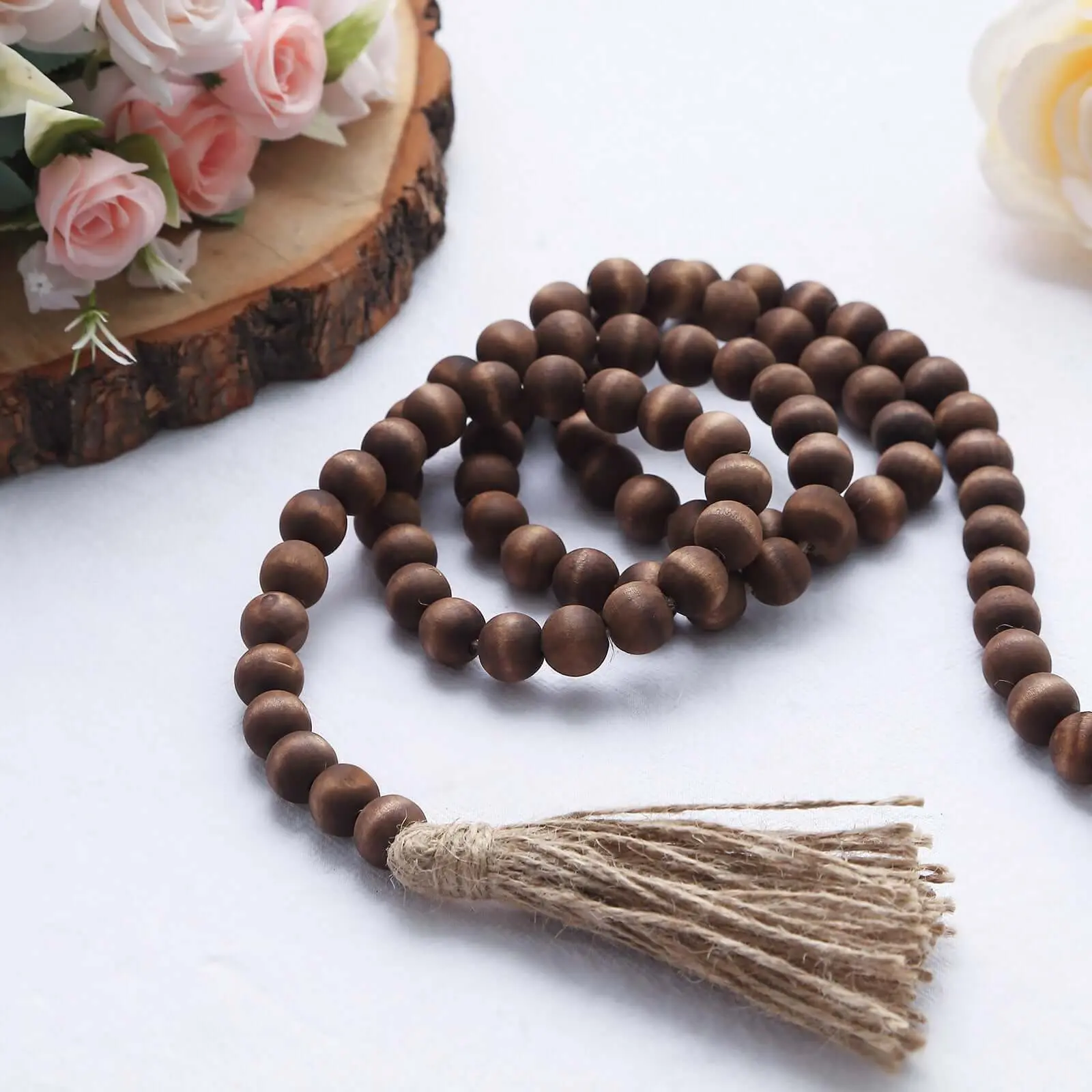 Brown Farmhouse Country Wood Bead Hanging Garland with Tassels - 55" Rustic Boho Decoration Beaded Chain for Home Decor, Wedding Use