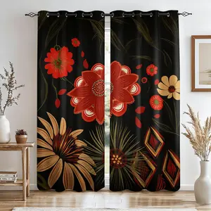 Boho Floral Blackout Window Cover Privacy Grommet Curtains, 2 Panels Thermal Insulated Sun Protection Window Drapes for Bedroom, Balcony, Living Room, Bold Red and Beige Flower Art Print Home Decor