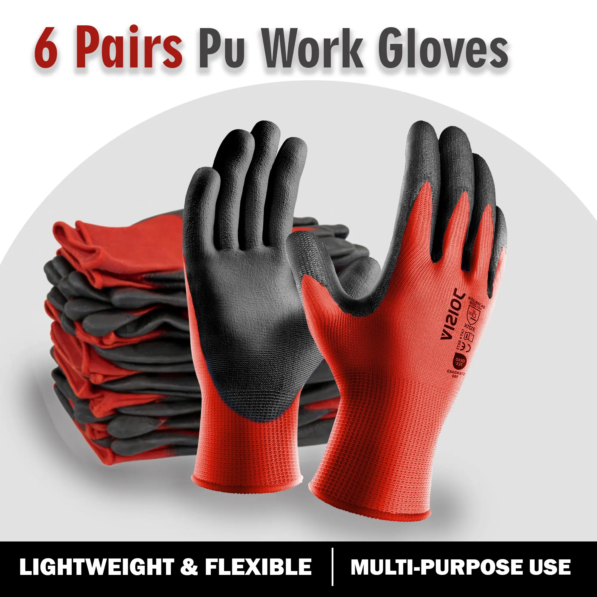 Men's PU Coated Seamless Outdoor Protective Work Gloves, Durable Anti-Slip, 6 Pairs, Ideal for Construction, Warehouse, Auto Repair, Mechanic Gloves