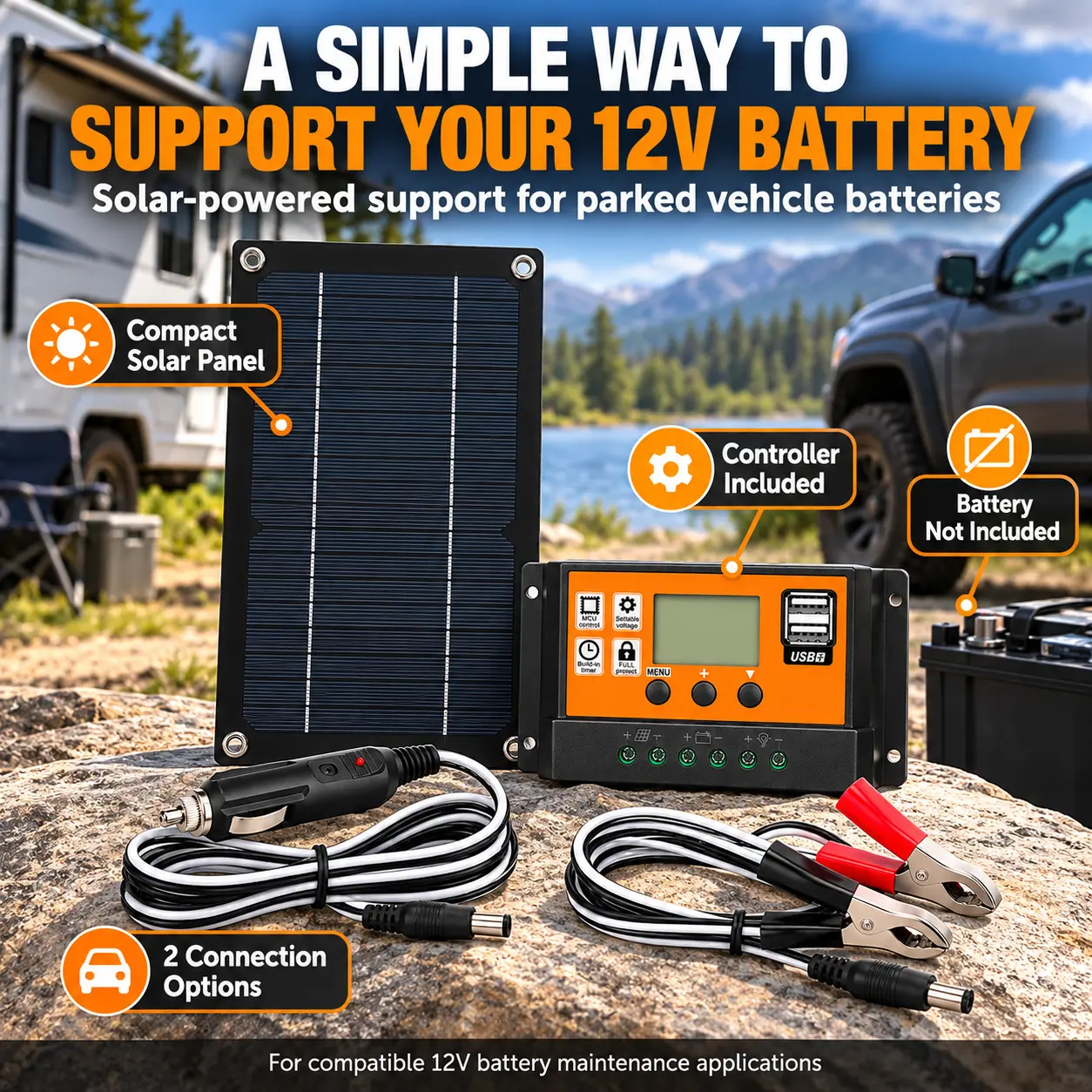 12V Solar Battery Maintainer Kit with Charge Controller, Monocrystalline Solar Panel, Battery Clips & 12V Socket Cable for Car, RV, Boat & Motorcycle