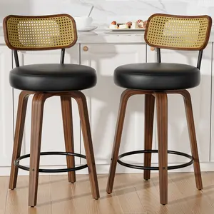 Aowos Swivel Bar Stools, 26" Upholstered Counter Height Stools with Rattan Back and Wood Legs, PU Leather Barstools for Kitchen Island Dining Room, soft, seat, cushion, Black , White