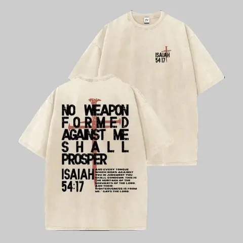 Women's Short-Sleeve Breathable Fabric T-Shirt - Retro Washed Heavy Cotton, 54:17 "No Weapon Formed Against Me Shall Prosper My Love" Print, Round Neck Casual Plus Size Unisex Top, Shortsleeve, Tshirt