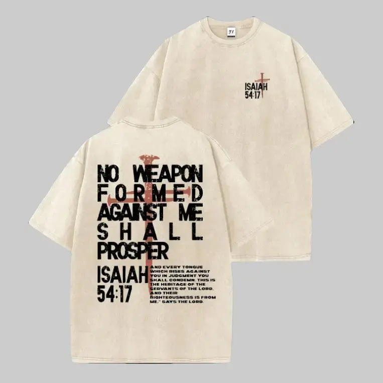 Women's Short-Sleeve Breathable Fabric T-Shirt - Retro Washed Heavy Cotton, 54:17 "No Weapon Formed Against Me Shall Prosper My Love" Print, Round Neck Casual Plus Size Unisex Top, Shortsleeve, Tshirt